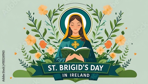 Saint Brigid Reading a Book in Ireland Floral Design photo