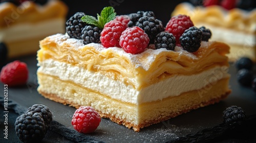 Creamy pastry layered with puff pastry, topped with fresh raspberries and blackberries. Perfect for dessert menus, food blogs, or recipe websites.
