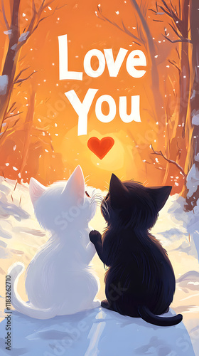 The illustration shows two cats cuddling in snow, against an orange sky, with 