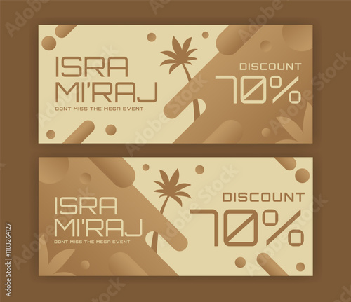 coupon deisgn isra mi'raj event with discount text, geometic style background in gradient brown