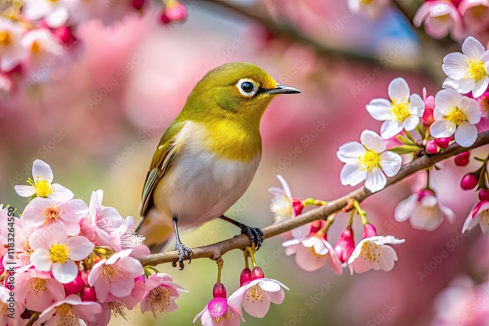 Spring's arrival: a Japanese White-eye, perched on cherry blossoms, sings its sweet song, sharply focused. Spring's arrival: a Japanese White-eye, perched on cherry blossoms, sings its sweet song, sharply focused.