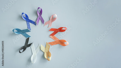 Colorful ribbons, world cancer day, World Autism Awareness Day concept