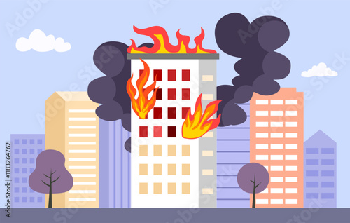Fire burning tower of apartment building. Flames in the windows and smoke . Building fire flat design vector illustration.