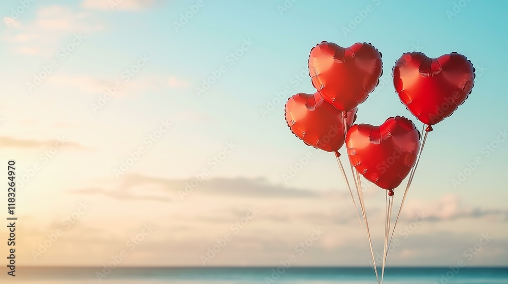Fototapeta premium Red heart-shaped balloons drift gracefully against a vivid backdrop, radiating love and joy, creating a unique and special valentine-inspired atmosphere.
