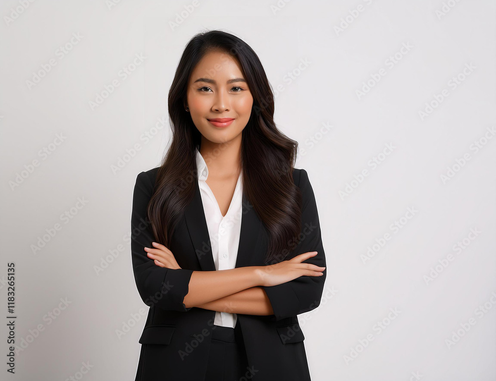 A beautiful young Indonesian woman with long hair wearing formal clothes with a professional pose and smiling A beautiful young Indonesian woman with long hair wearing formal clothes with a professional pose and smiling