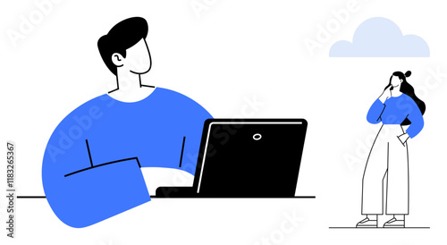 A person with a laptop looks at a standing person. Both have thoughtful expressions. Ideal for teamwork, collaboration, brainstorming, remote work, tech innovations, problem-solving, creative