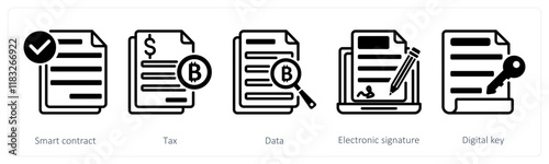 A set of 5 bitcoin icons as smart contract, tax, data