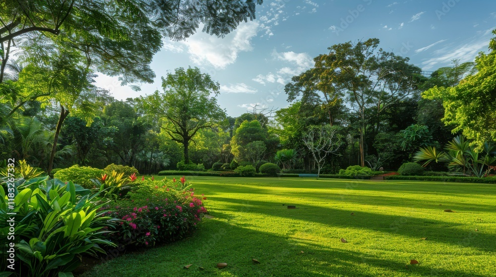 Obraz premium Lush Green Garden with Vibrant Flowers and Trees Under a Clear Blue Sky, Capturing the Essence of Nature's Beauty and Tranquility in a Serene Outdoor Setting