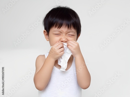 An Asian child is blowing his nose with a tissue. He has his eyes closed from the effort and appears unwell. The image depicts childhood illness, colds, and flu and the importance of hygiene.