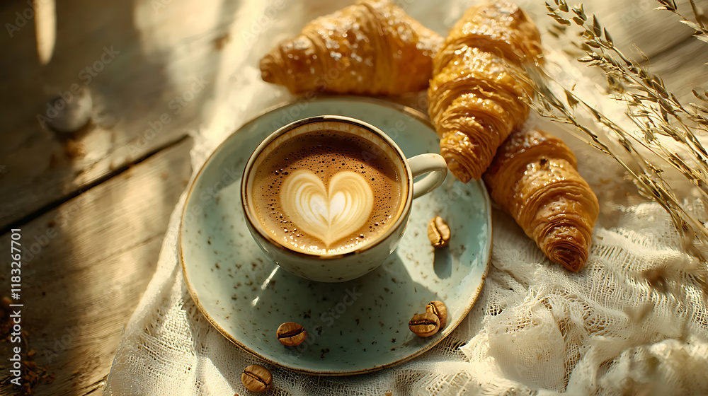 cozy flat lay featuring cup of espresso with heart art, croissants, and coffee beans, evoking warmth and comfort cozy flat lay featuring cup of espresso with heart art, croissants, and coffee beans, evoking warmth and comfort