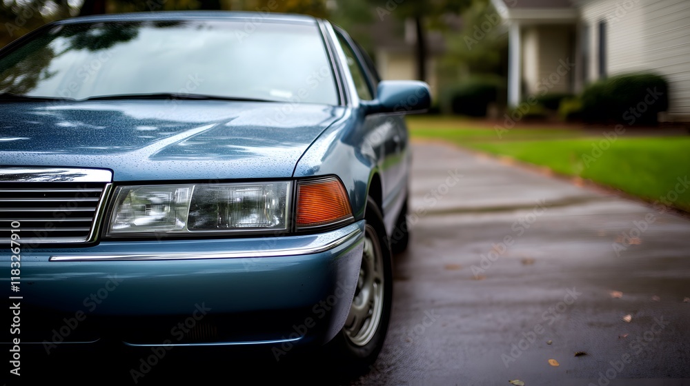 A used car in pristine condition parked on a quiet driveway, illuminated by soft natural lighting, highlighting its cleanliness, quality, and simplicity, perfect for showcasing affordability A used car in pristine condition parked on a quiet driveway, illuminated by soft natural lighting, highlighting its cleanliness, quality, and simplicity, perfect for showcasing affordability