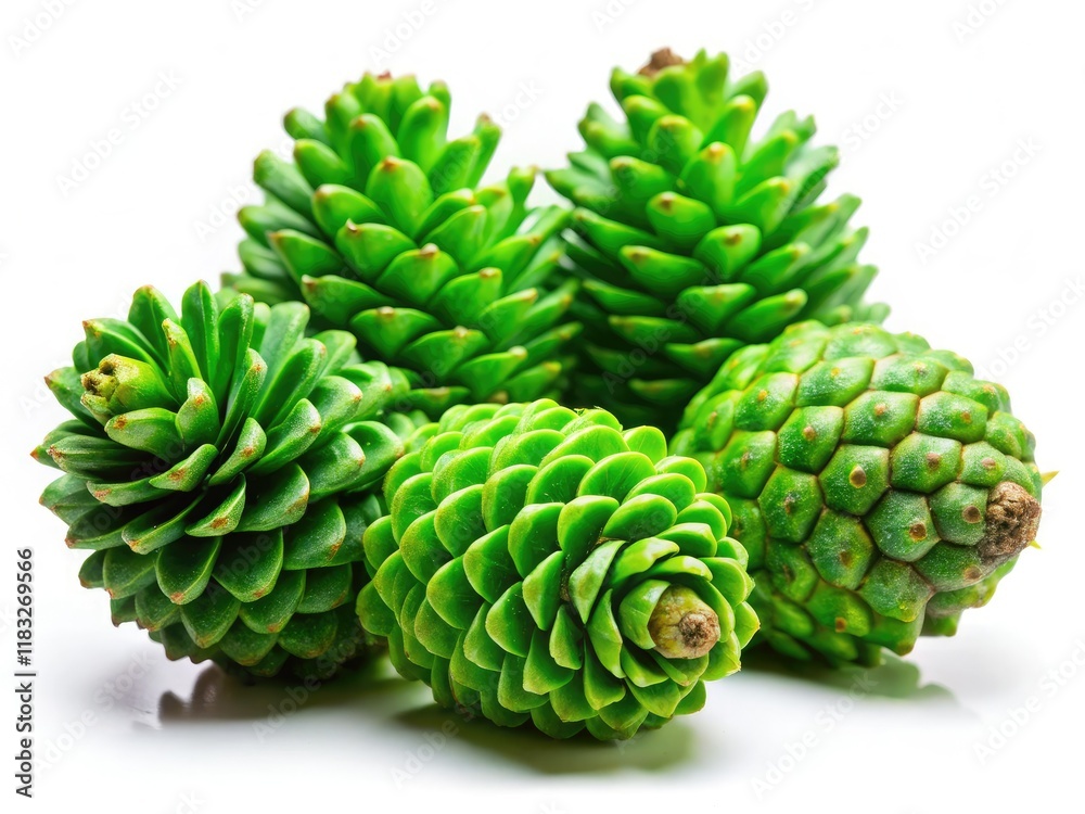 Fototapeta premium Vibrant young pine cones, pristine white backdrop. Nature's detail, perfect stock image.