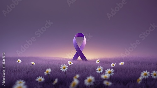 Symbolic landscape with lavender ribbon and blossom lilies petals represented World Cancer Day theme  