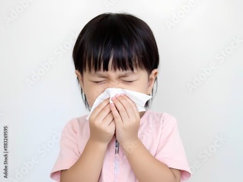 A young Asian girl uses a tissue to cover her nose while sneezing. She appears to have a cold or flu. The image depicts childhood illness and the importance of hygiene.