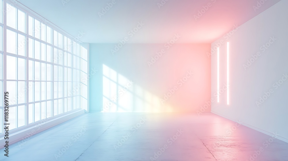 Fototapeta premium Pastel Room With Large Window and Neon Lights