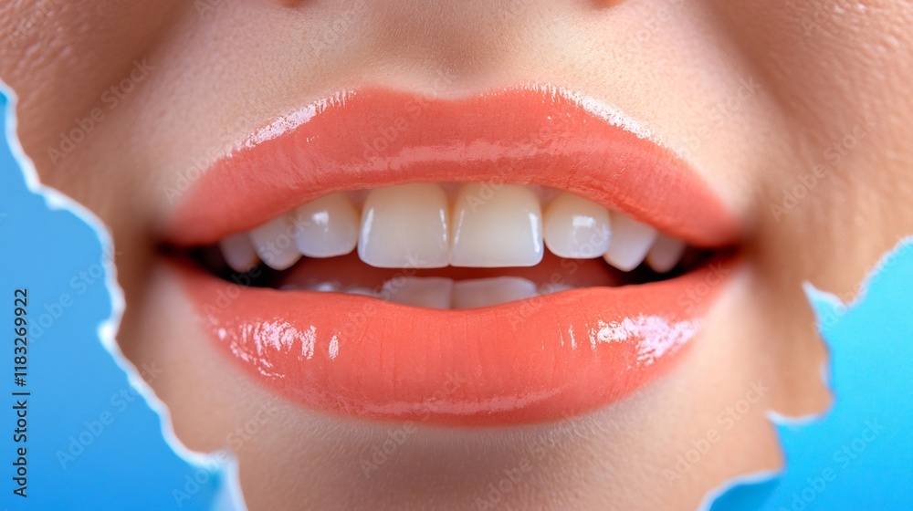 Naklejka premium Close-up Photo: Vibrantly Colored Lips Smiling Through Torn Paper, Surreal Style. AI Generated