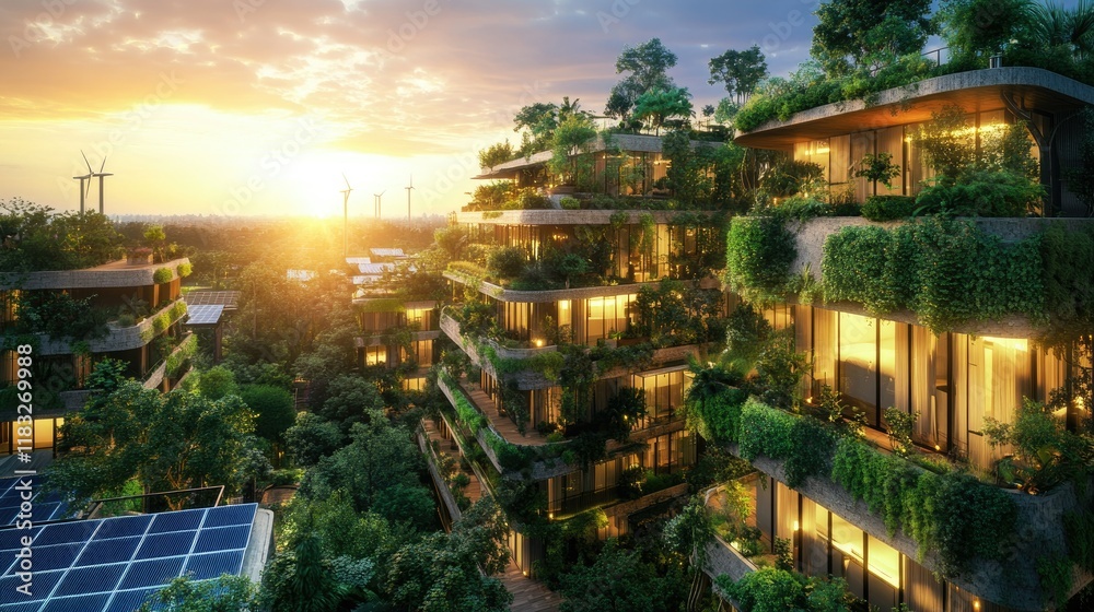 Obraz premium a green city surrounded by wind turbines and trees, landscape of a future city