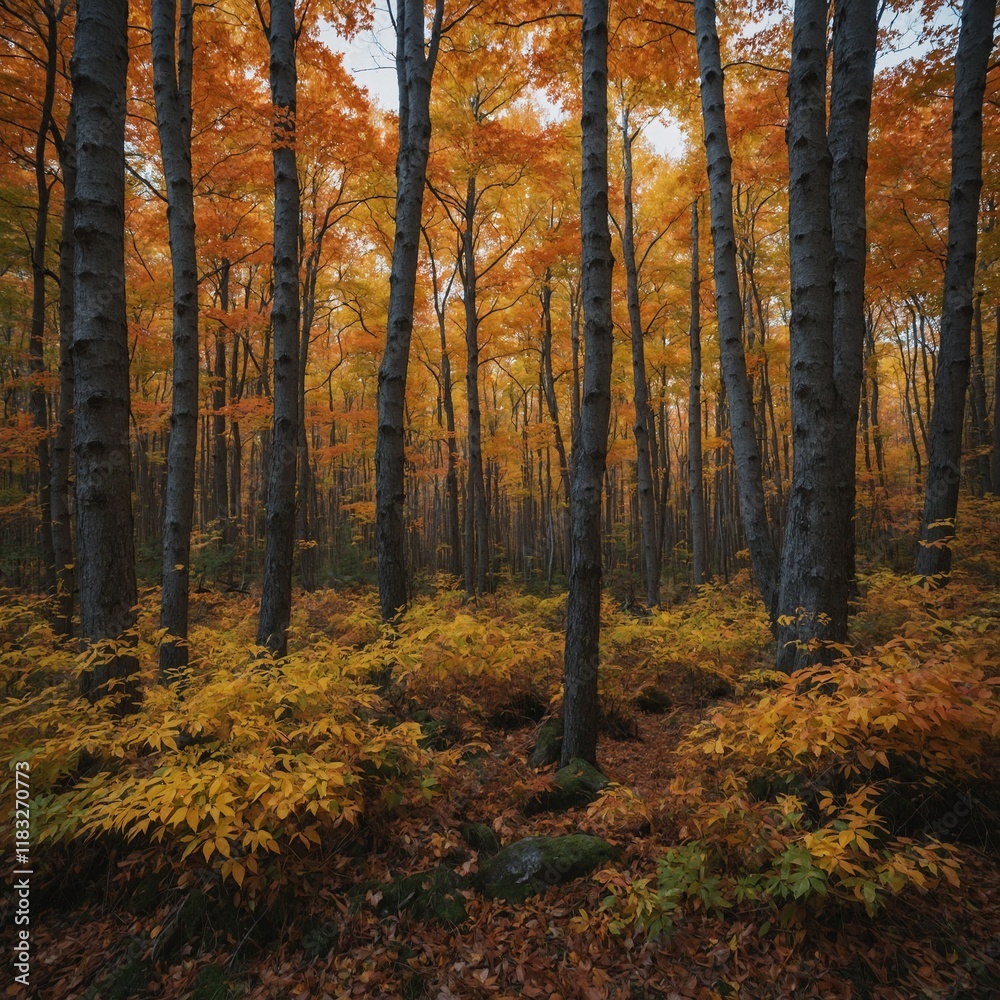 Photograph the vibrant fall foliage in a forest. Photograph the vibrant fall foliage in a forest.