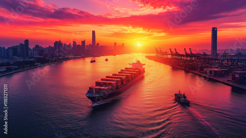 Global trade disruption container ship navigating sunset port in urban environment photo