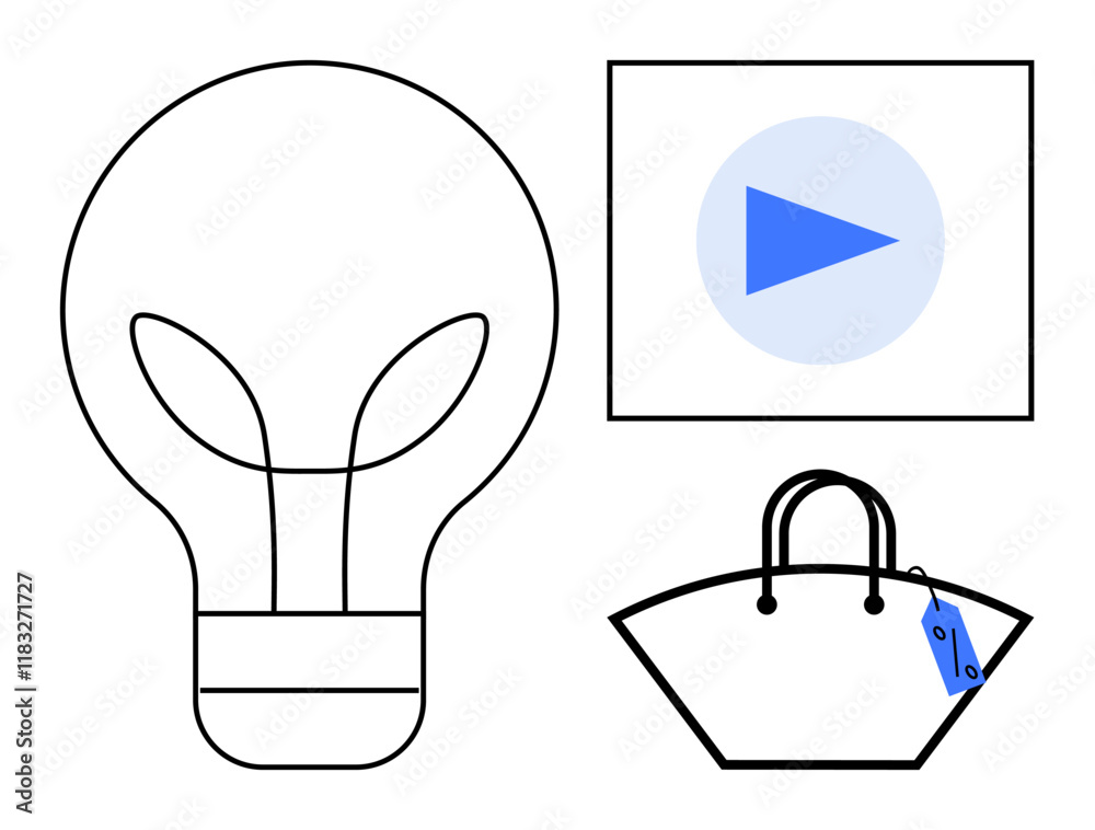 Lightbulb representing ideas, play button indicating online videos, and handbag with price tag. Ideal for online shopping, innovation, retail, marketing, e-commerce, creativity digital media Lightbulb representing ideas, play button indicating online videos, and handbag with price tag. Ideal for online shopping, innovation, retail, marketing, e-commerce, creativity digital media