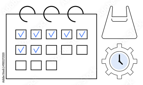 Calendar with check marks, shopping bag, gear with clock. Ideal for productivity, organization, project management, time management, scheduling planning workflow. Minimalist style and abstract line