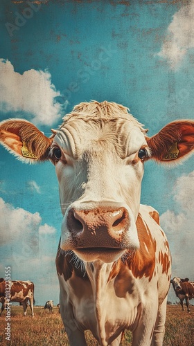 Close-up portrait of a curious cow in a scenic pasture photo