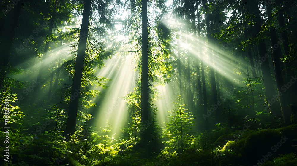 Obraz premium lush forest scene with misty atmosphere and sunlight filtering through trees, creating serene and tranquil environment