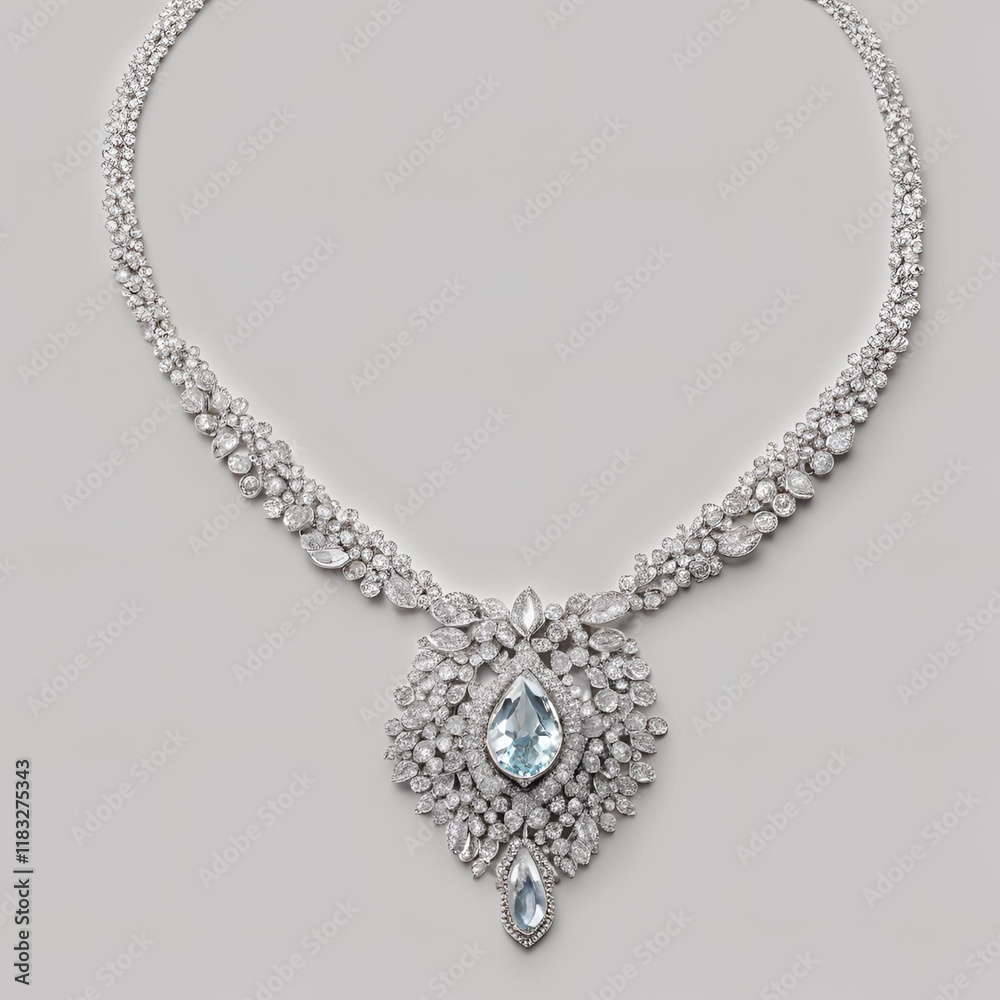 A stunning silver necklace with intricate detailing and sparkling blue gemstones, perfect for formal events, weddings, and luxury jewelry collections. A stunning silver necklace with intricate detailing and sparkling blue gemstones, perfect for formal events, weddings, and luxury jewelry collections.