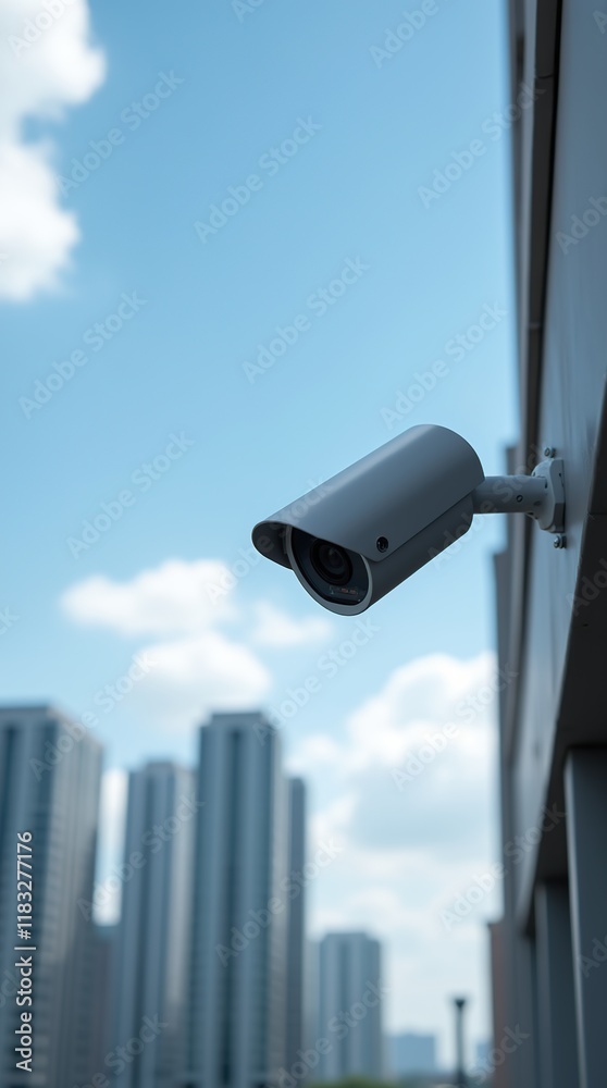 Modern Security Camera Mounted on Building with Urban Skyline in Background Modern Security Camera Mounted on Building with Urban Skyline in Background