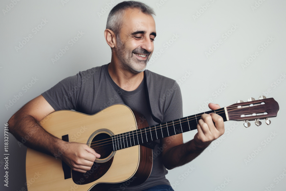 Obraz premium Happy mature man guitar musician portrait.