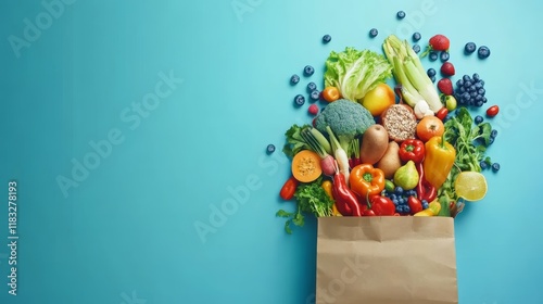 Various vegetables in paper bag shopping with blue background in Healthy Food campaign concept.