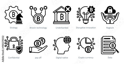 A set of 10 bitcoin icons as strategy, bitcoin technology, underbanked photo