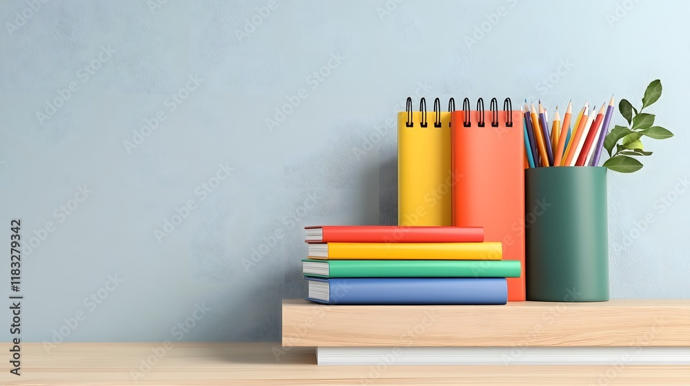 Fototapeta premium A well-arranged shelf featuring notebooks in various colours alongside pens and pencils. The soft lighting highlights the importance of preparation.