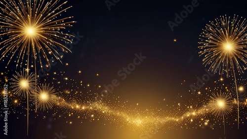 Firework border background, gold fireworks frame with stars and sparkles, firework banner 