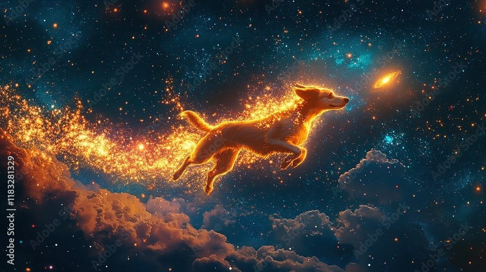 Fototapeta premium Fiery dog leaping through cosmos.