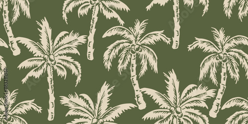 Tropical pattern with hand drawn palm trees. Hawaiian summer background for fabric, textiles, clothing, poster, cover, decoration, banner, wallpaper, interior decor. Vector illustration.