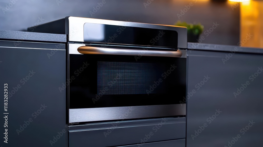 Fototapeta premium A modern kitchen with smart appliances, including a voice activated coffee machine, a smart oven with a digital display, and a smart fridge tracking inventory