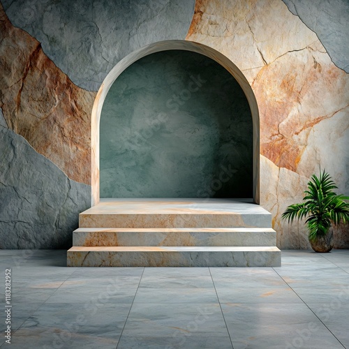 Imposing marble patterned archway leading to a dramatic monumental stone formation in a grandiose Neoclassical inspired setting with a bold eye catching visual appeal and a sweeping photo