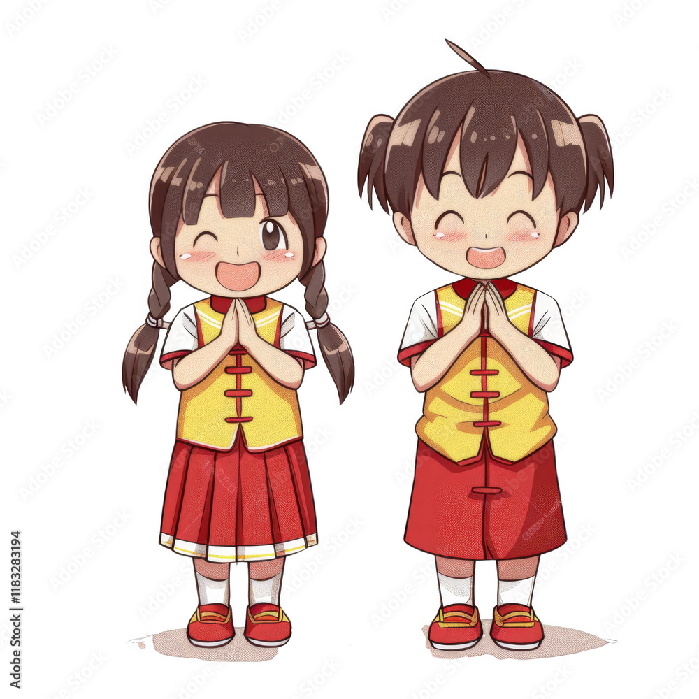 Two happy children in traditional Chinese clothing with hands clasped in a greeting gesture. Two happy children in traditional Chinese clothing with hands clasped in a greeting gesture.