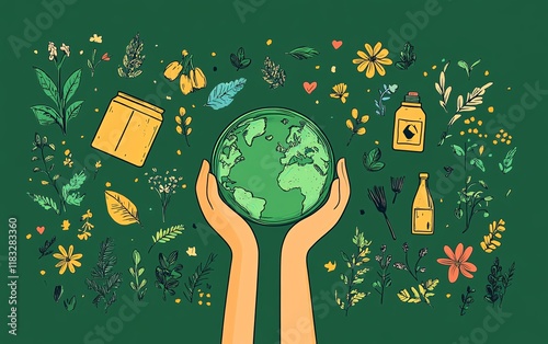 Green background with hand holding Earth and a recycle icon, supporting the zero waste concept of reuse, reduce, recycle, rot, refuse for ecofriendly and conscious consumption photo