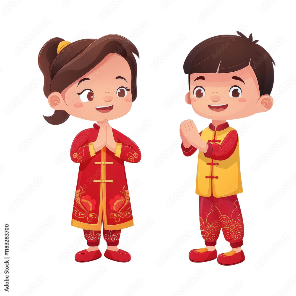 Two children in traditional Chinese clothing bowing and clapping, celebrating Chinese New Year. Two children in traditional Chinese clothing bowing and clapping, celebrating Chinese New Year.