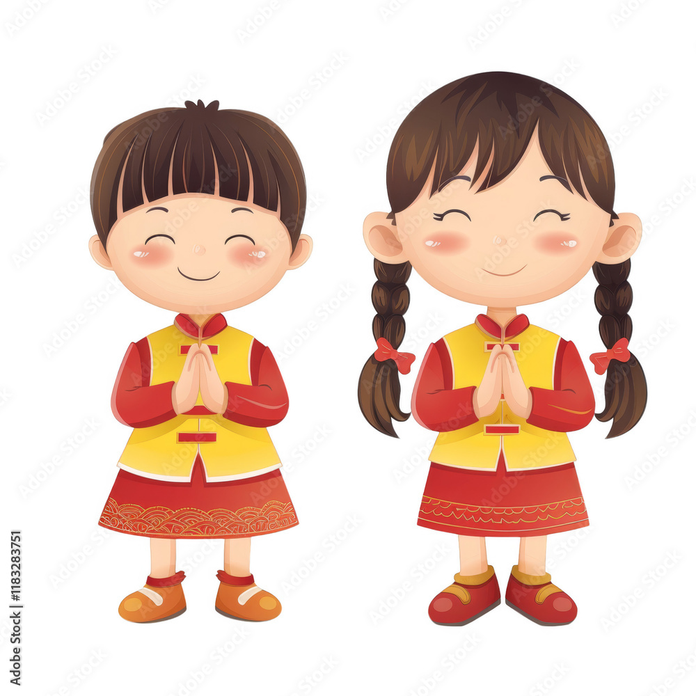Two smiling children in traditional Chinese clothing, bowing with hands clasped together.