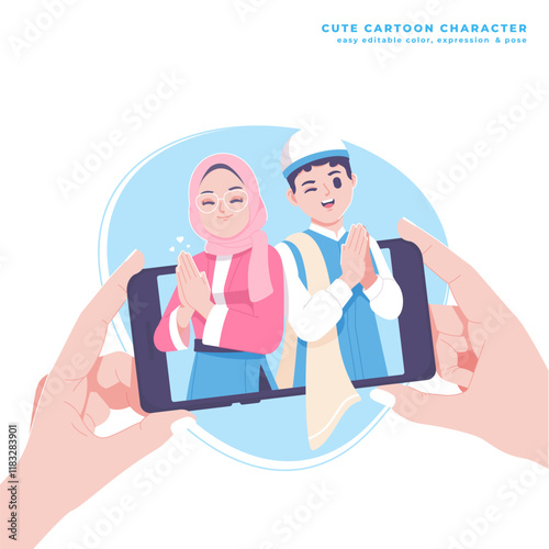 muslim couple greeting cute cartoon character