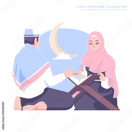 romantic muslim couple cartoon illustration