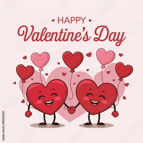 Happy Valentine's Day card illustration with cute cartoon couple, pink hearts, and a bird symbol of love