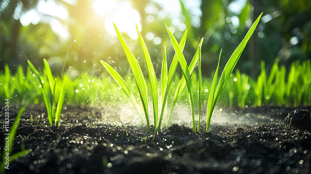 Fresh green rice plants emerge from dark soil, illuminated by sunlight, creating serene and vibrant atmosphere