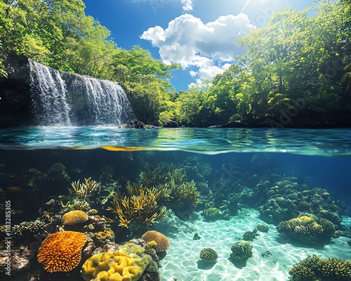 Create an underwater view of a vibrant coral reef near a waterfall inlet, showcasing diverse marine life and clear, unpolluted waters photo