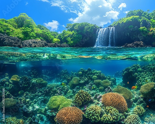 Create an underwater view of a vibrant coral reef near a waterfall inlet, showcasing diverse marine life and clear, unpolluted waters photo