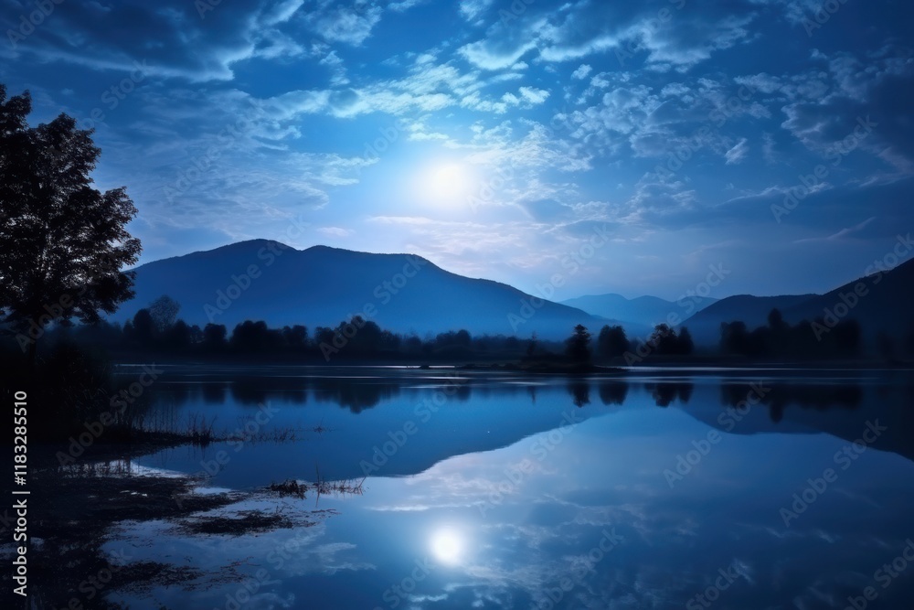 Fototapeta premium Romantic lake view lake at night nature moon.