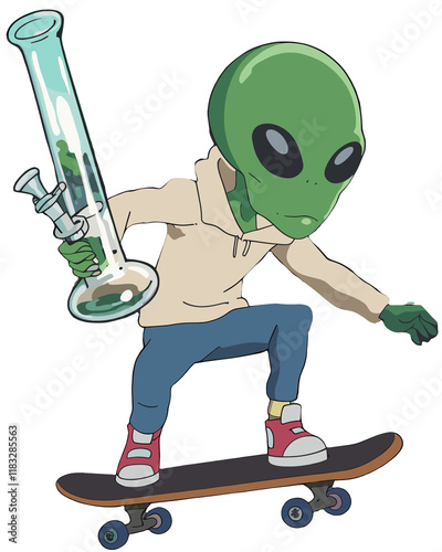 Green Alien character hoodie wearing skateboarding stoner skateboarding while holding a bong in a playful scene weed cannabis 